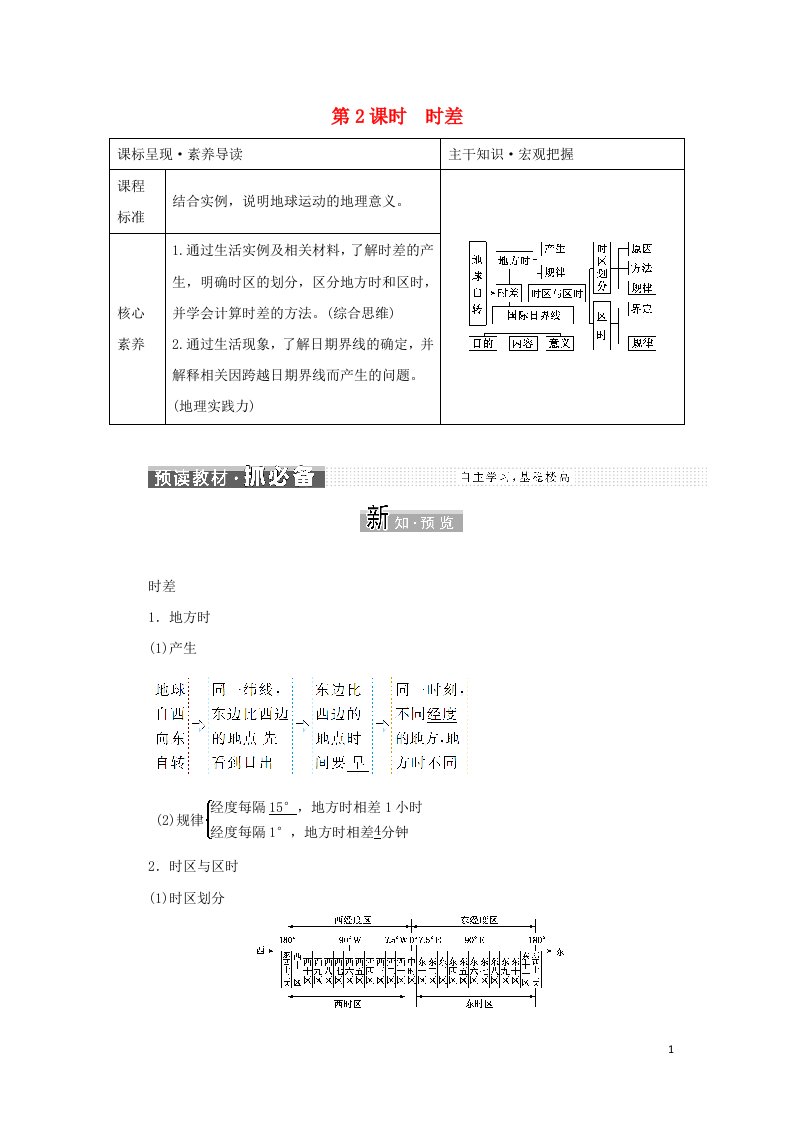 2021_2022学年新教材高中地理第一章地球的运动第二节第2课时时差学案新人教版选择性必修1