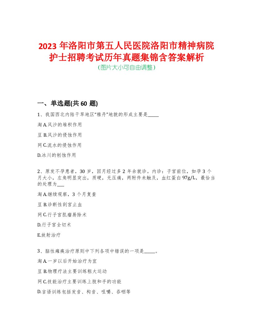 2023年洛阳市第五人民医院洛阳市精神病院护士招聘考试历年真题集锦含答案解析