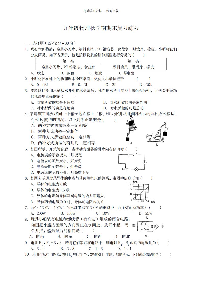 2023年苏教版九年级物理秋学期期末复习练习题