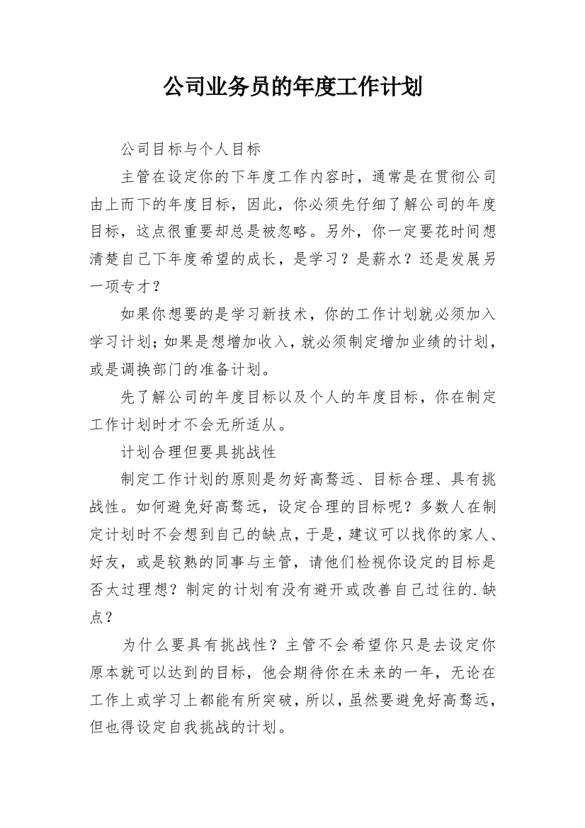 公司业务员的年度工作计划