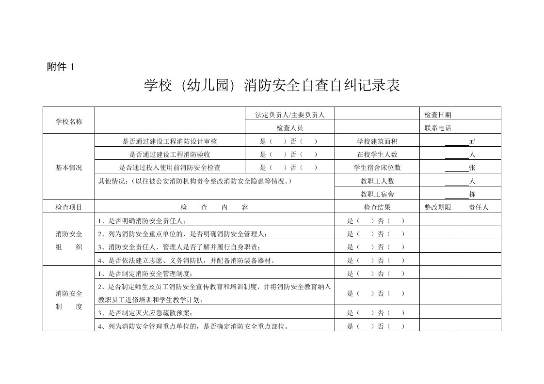 学校幼儿园消防安全自查自纠记录表