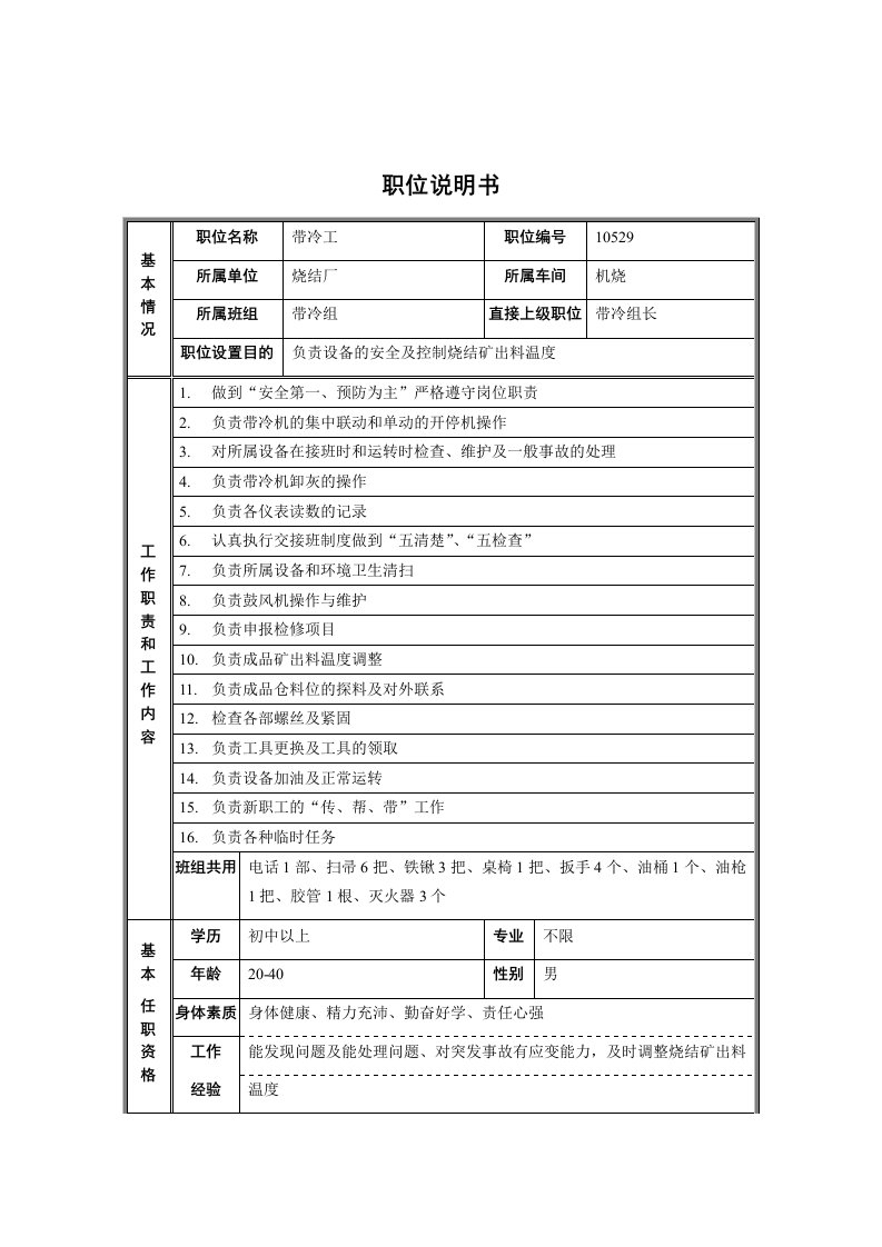 烧结厂机烧带冷组带冷工职位说明书