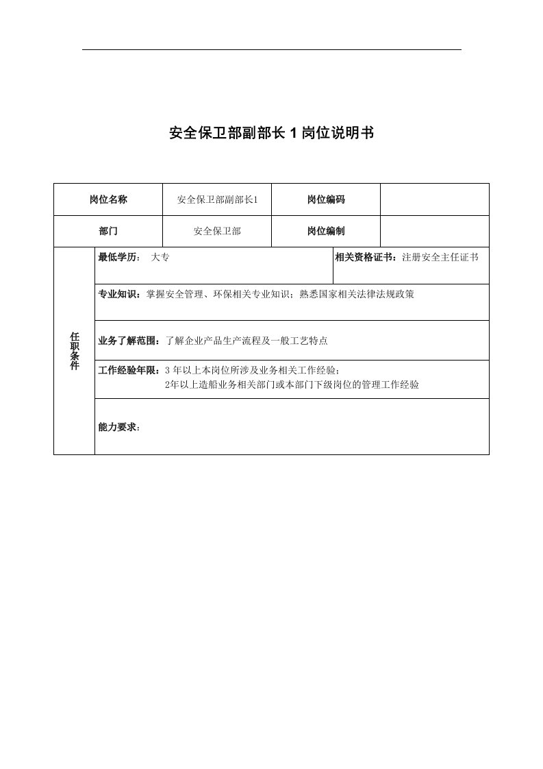 广船国际安全保卫部副部长1岗位说明书