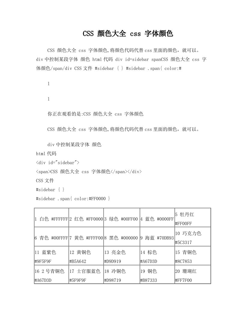 CSS+颜色大全+css+字体颜色