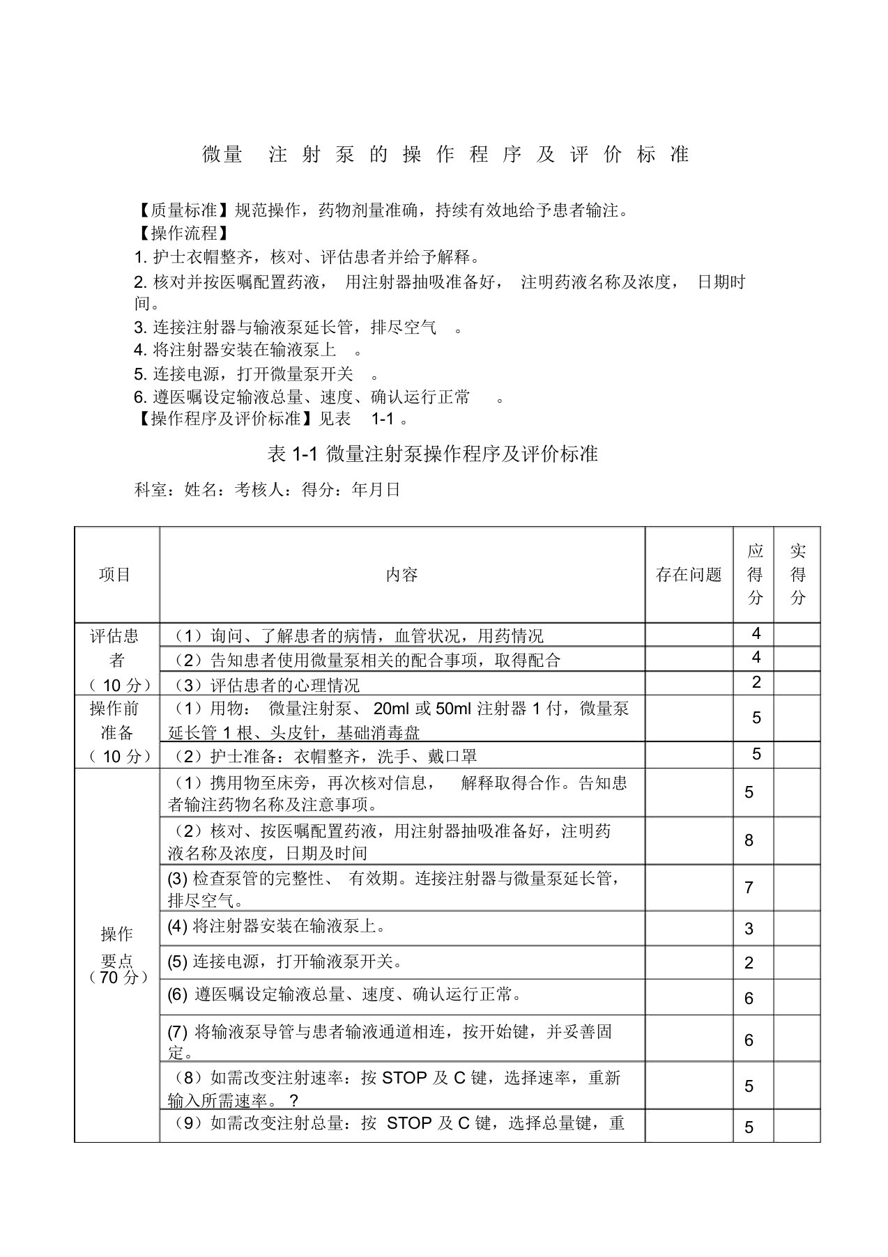 微量泵操作程序及评价标准