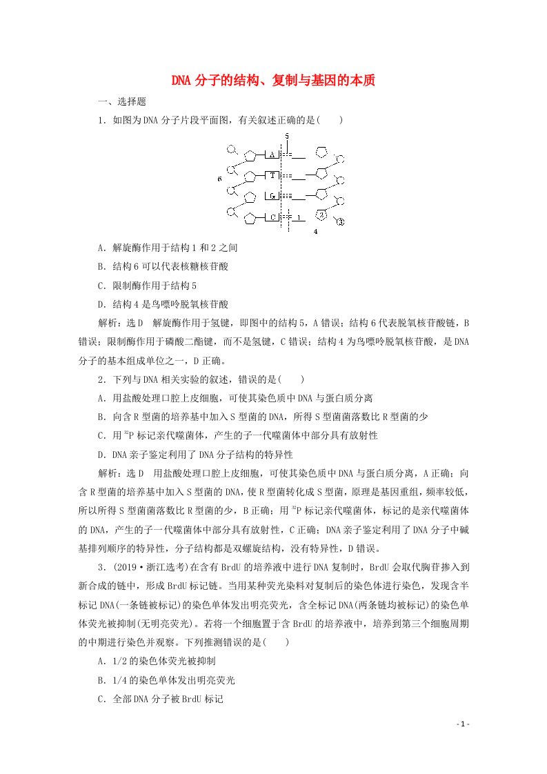 2022年高考生物一轮复习课时检测二十一DNA分子的结构复制与基因的本质含解析新人教版