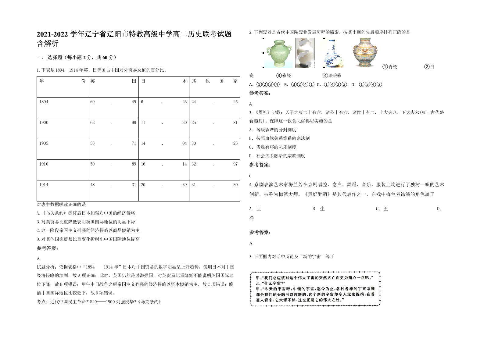 2021-2022学年辽宁省辽阳市特教高级中学高二历史联考试题含解析