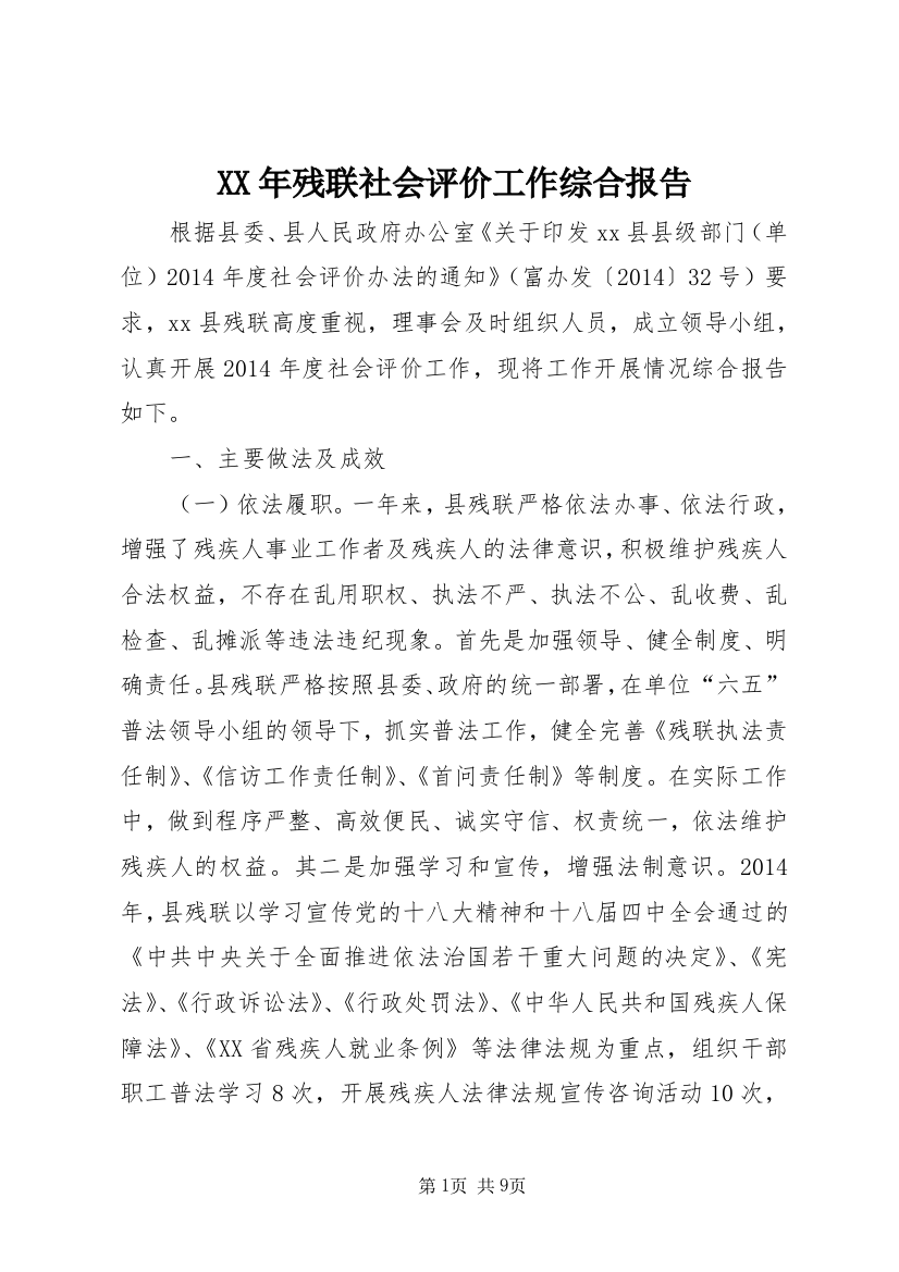 XX年残联社会评价工作综合报告