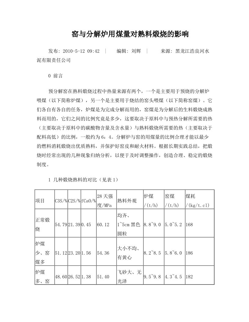 窑与分解炉用煤量对熟料煅烧的影响