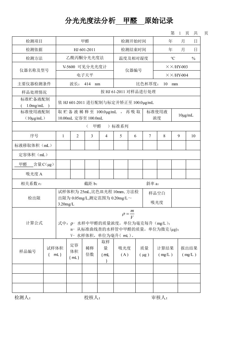 分光光度法分析甲醛原始记录