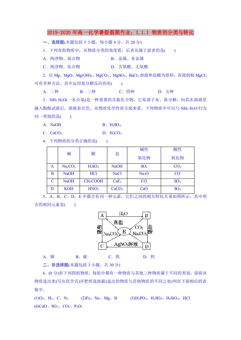 2019-2020年高一化学暑假假期作业：1.1.1