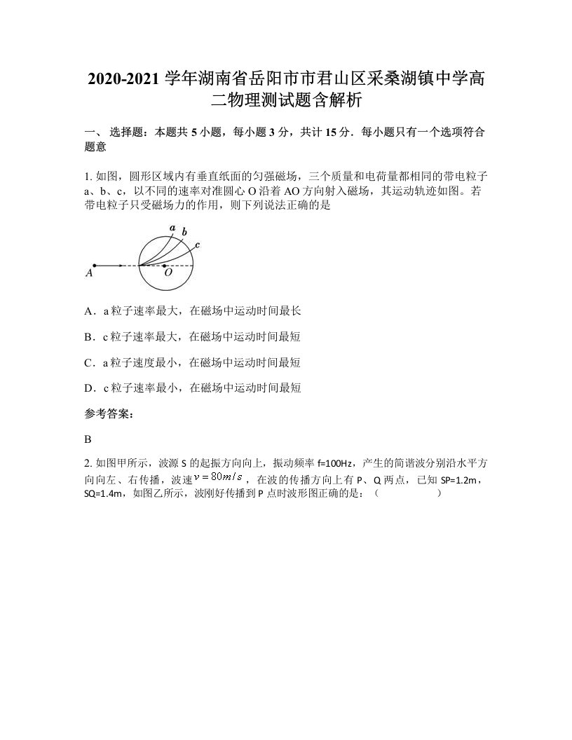 2020-2021学年湖南省岳阳市市君山区采桑湖镇中学高二物理测试题含解析