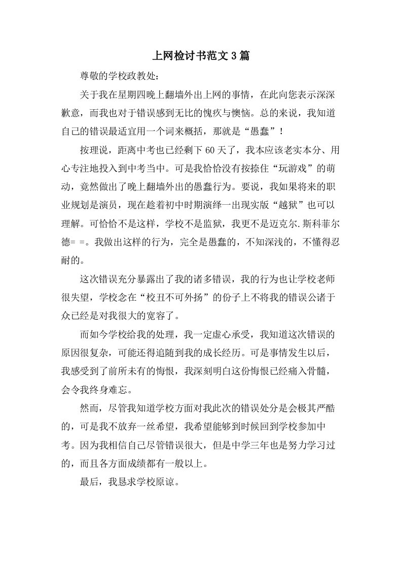 上网检讨书范文3篇