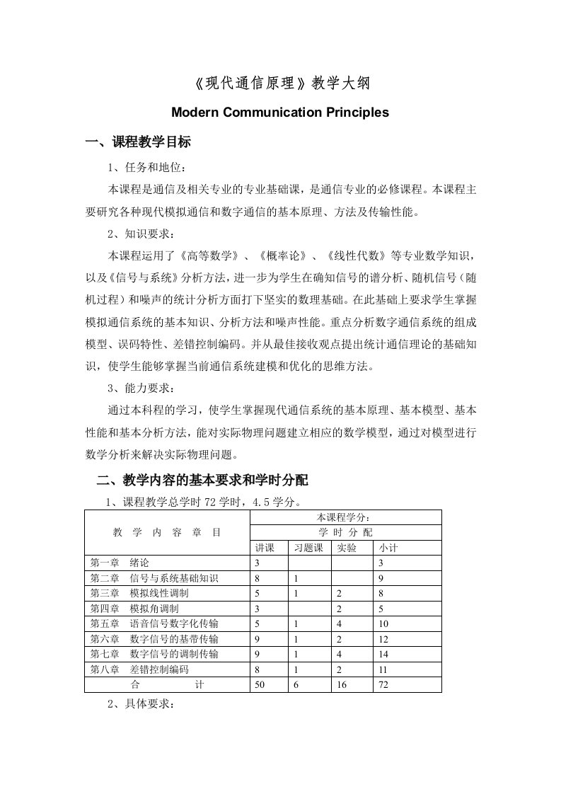 《通信原理》教学大纲