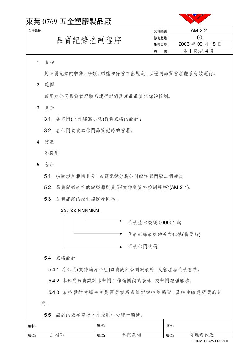 已通过TUV的质量手册及程序文件（东莞某五金厂）品质记录控制程序-程序文件