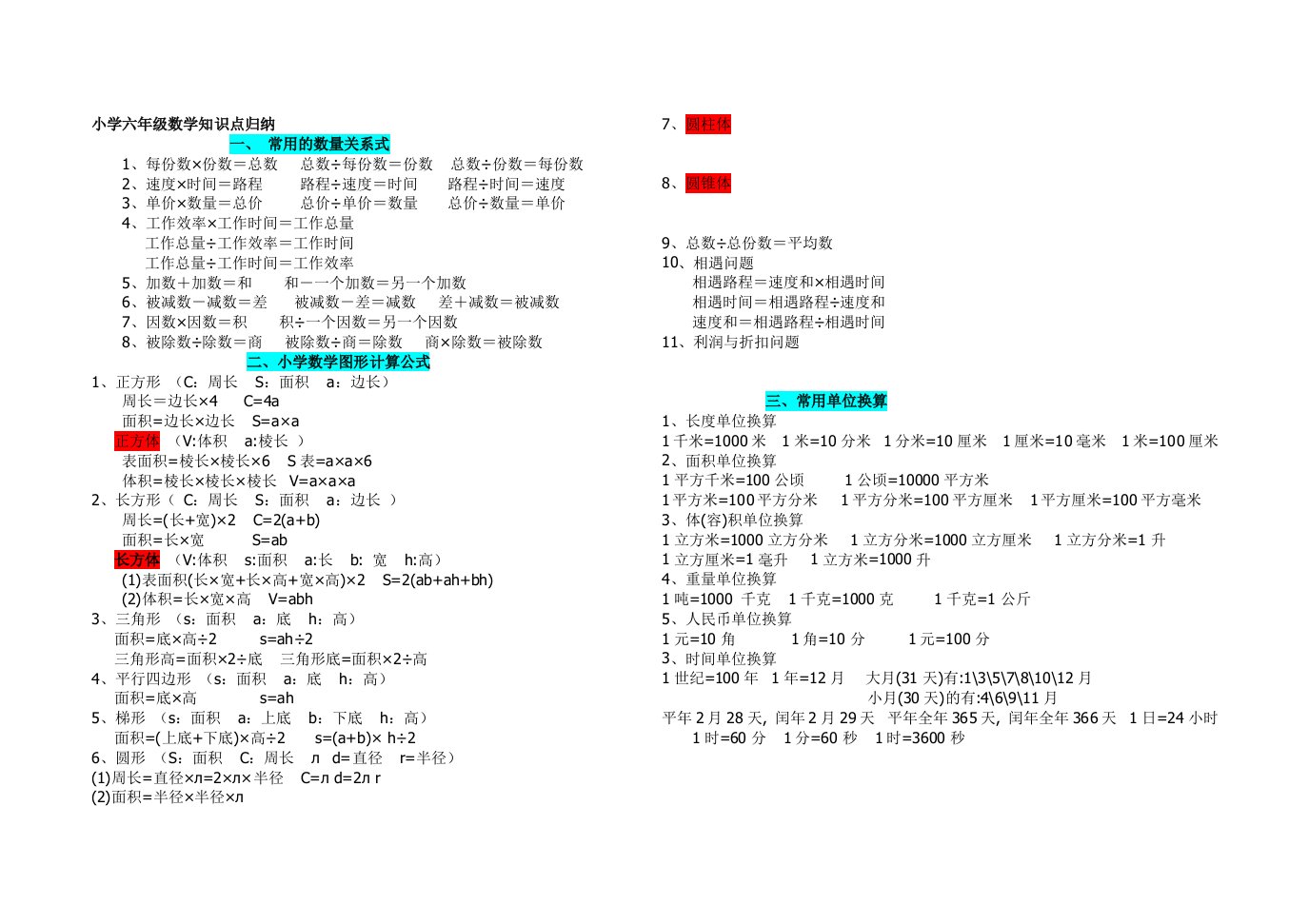 新北师大版小学六年级数学总复习知识点归纳