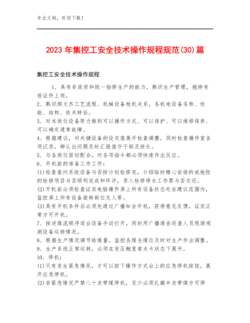 2023年集控工安全技术操作规程规范(30)篇