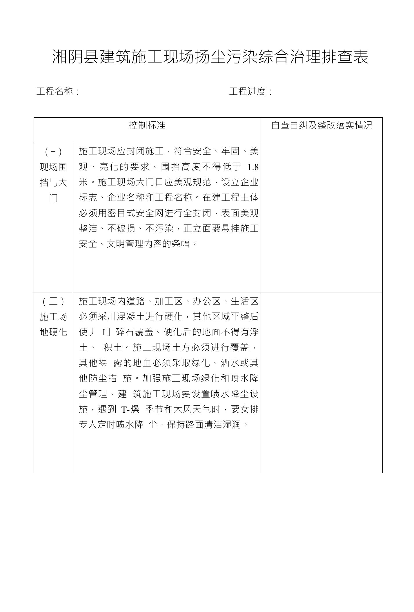 湘阴县建筑施工现场扬尘污染综合治理排查表