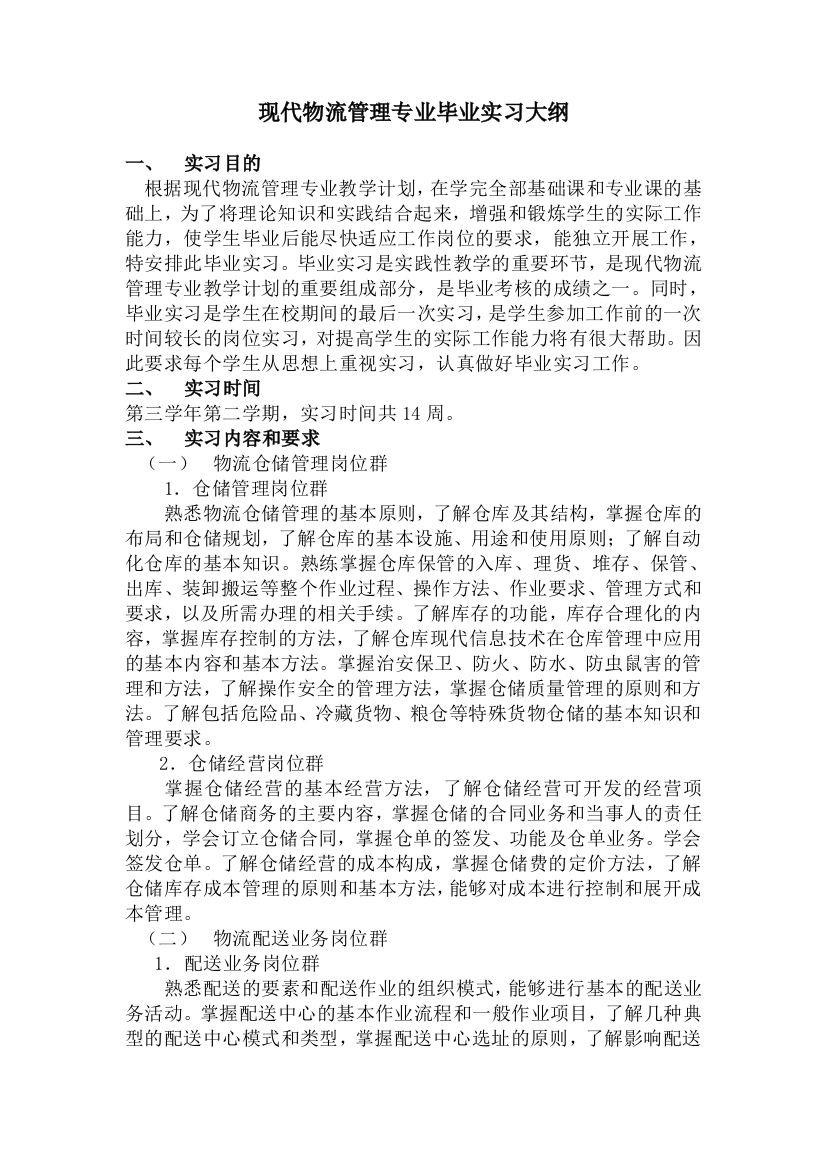 现代物流管理专业毕业实习大纲