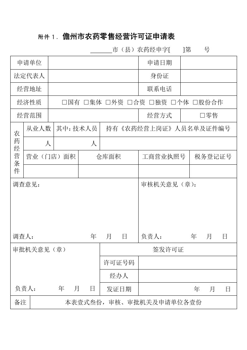 附件1.儋州市农药零售经营许可证申请表