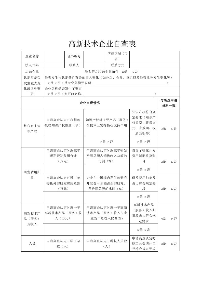 高新技术企业自查表