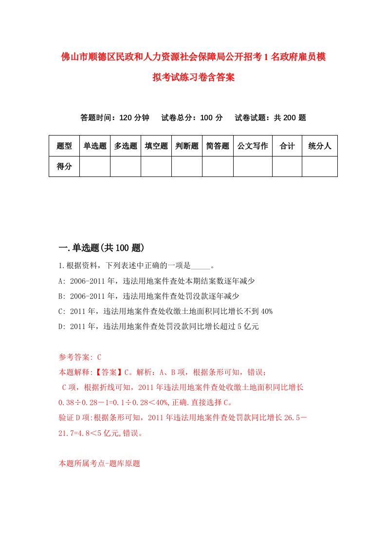 佛山市顺德区民政和人力资源社会保障局公开招考1名政府雇员模拟考试练习卷含答案2