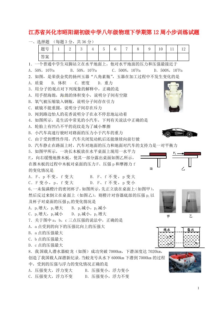 江苏省兴化市昭阳湖初级中学八级物理下学期第12周小步训练试题（无答案）