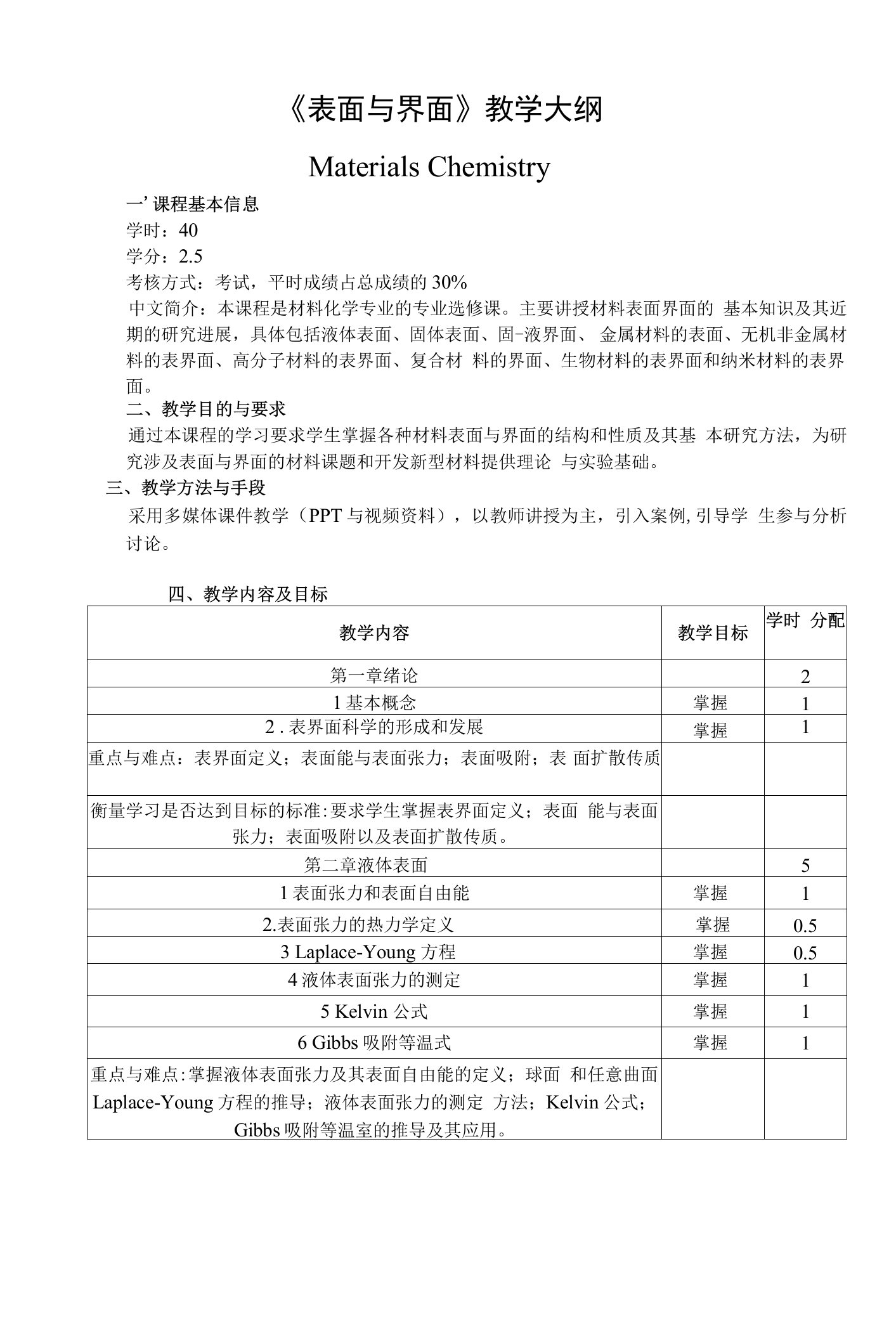 《表面与界面》教学大纲