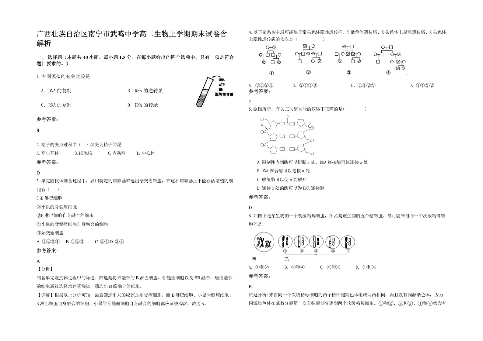 广西壮族自治区南宁市武鸣中学高二生物上学期期末试卷含解析