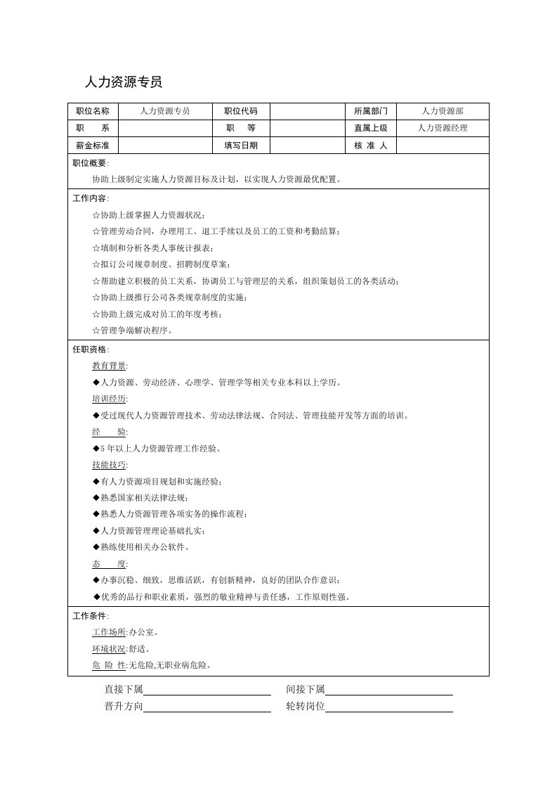 岗位职责-适用于中小企业人力资源专员岗位说明书