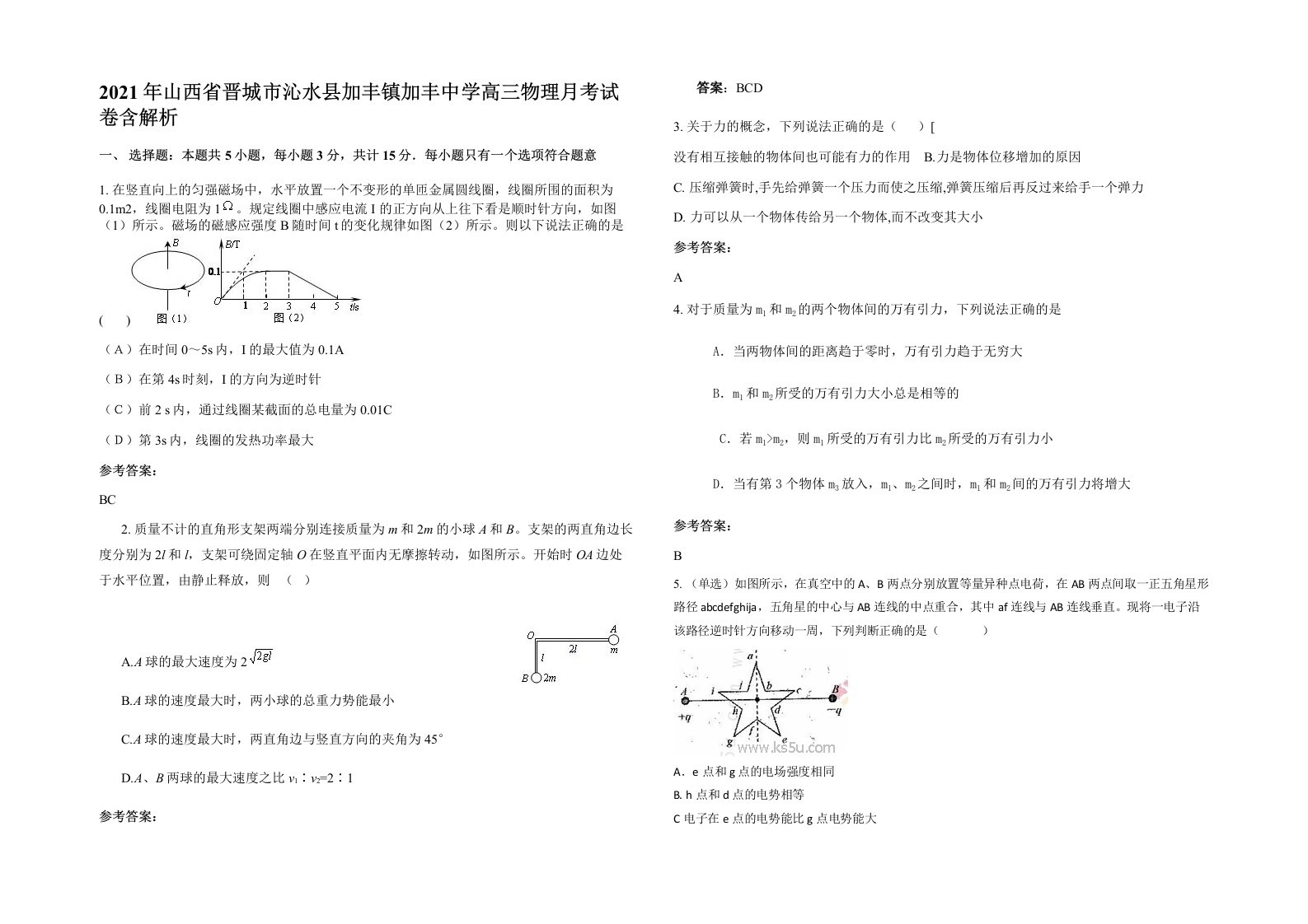 2021年山西省晋城市沁水县加丰镇加丰中学高三物理月考试卷含解析