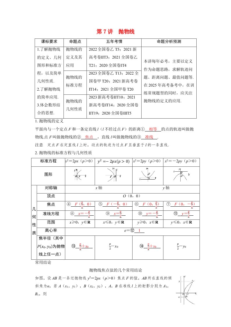 备考2024届高考数学一轮复习讲义第八章平面解析几何第7讲抛物线