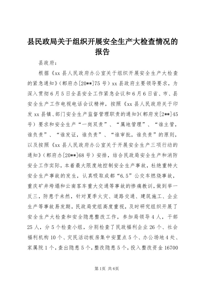 6县民政局关于组织开展安全生产大检查情况的报告