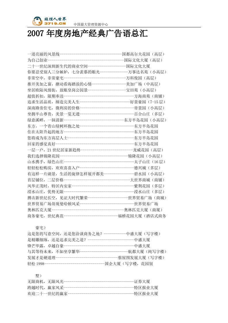 2007年度房地产经典广告语(doc20)-地产广告