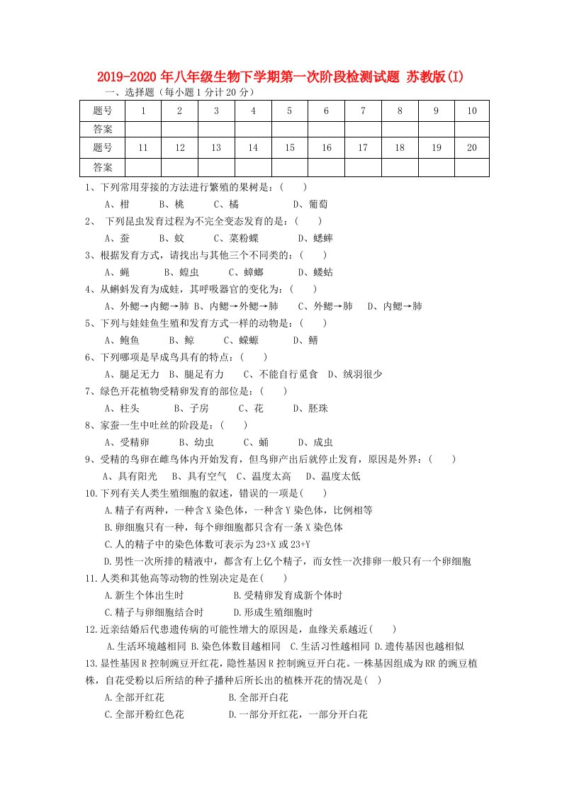 2019-2020年八年级生物下学期第一次阶段检测试题