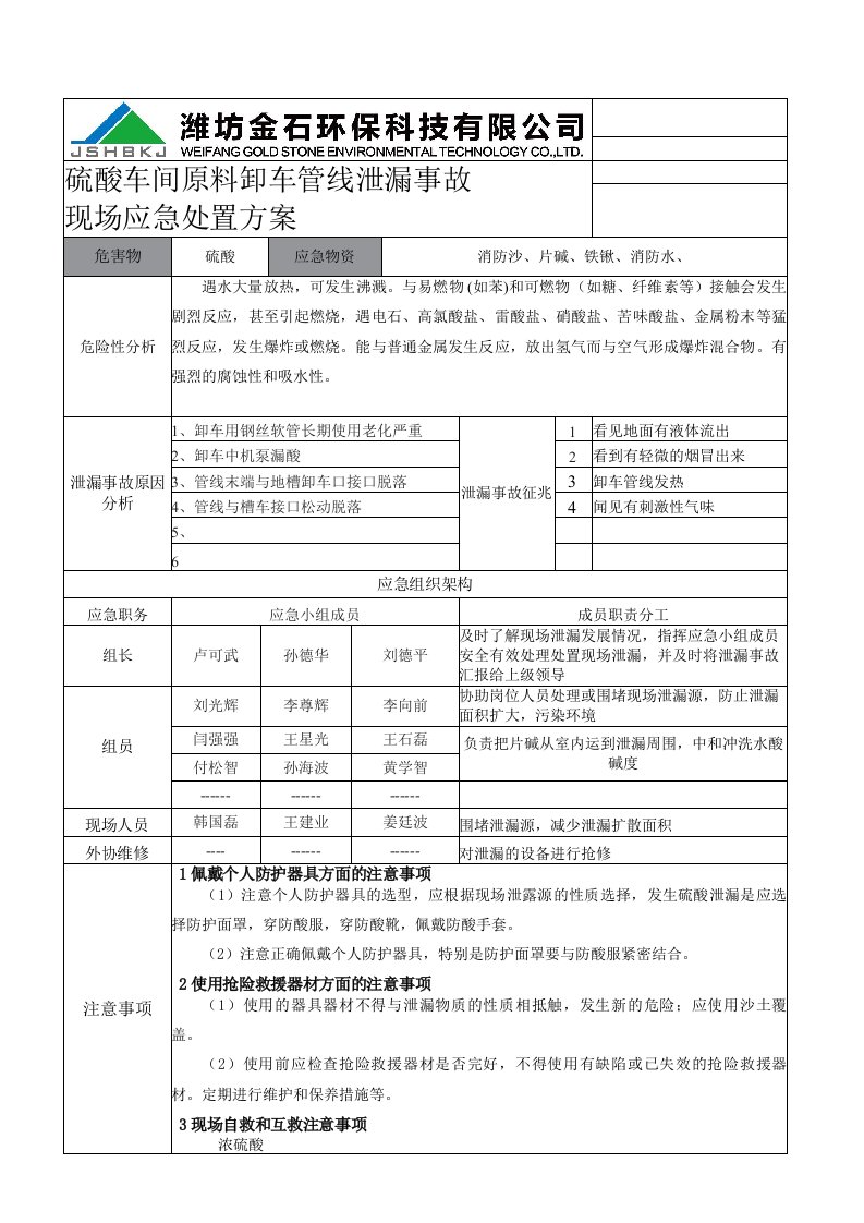 硫酸车间泄漏事故应急处置方案