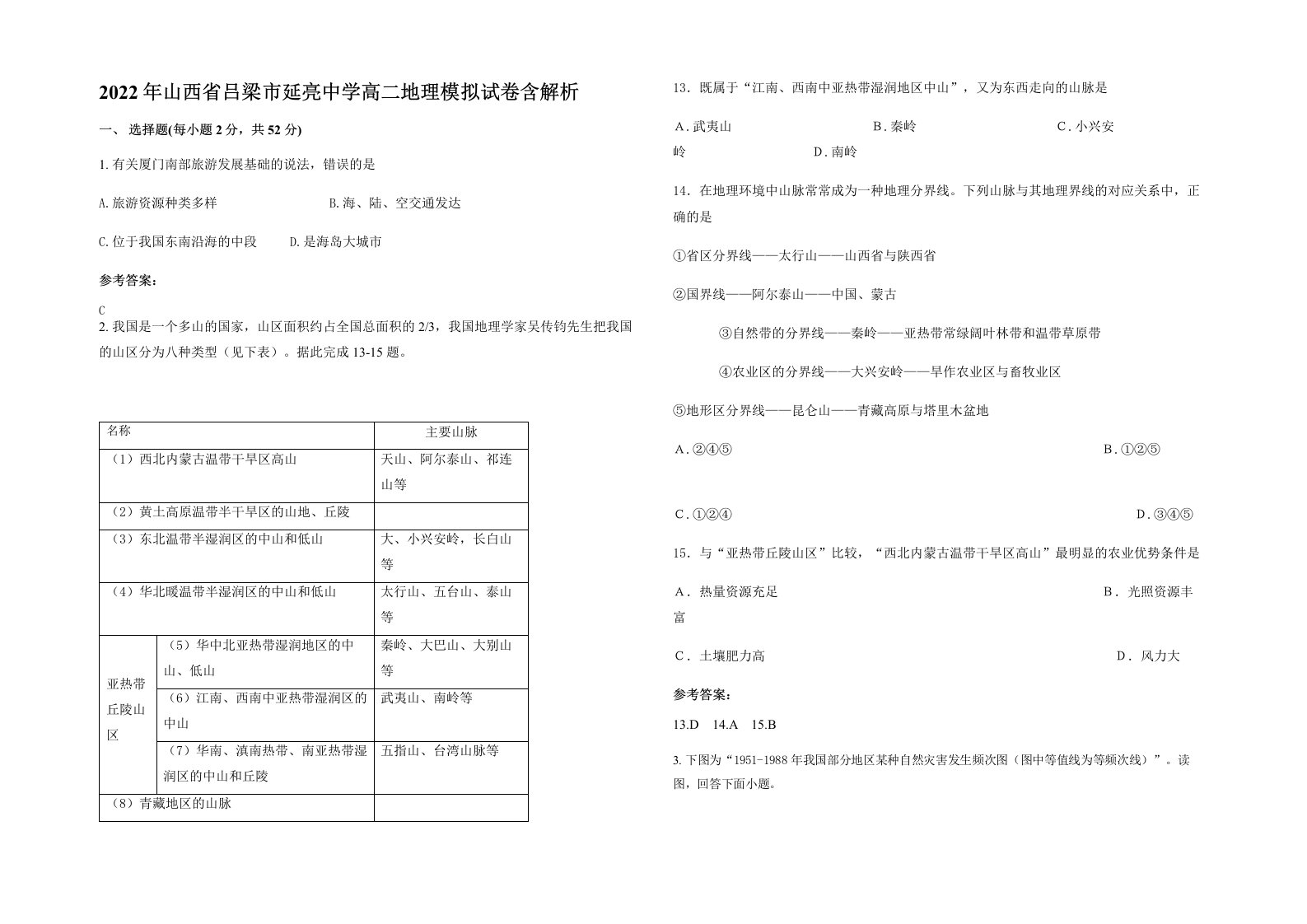 2022年山西省吕梁市延亮中学高二地理模拟试卷含解析