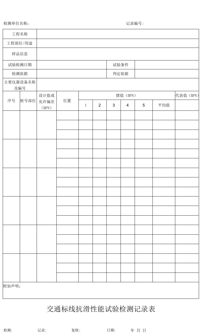 交通标线抗滑性能试验检测记录表