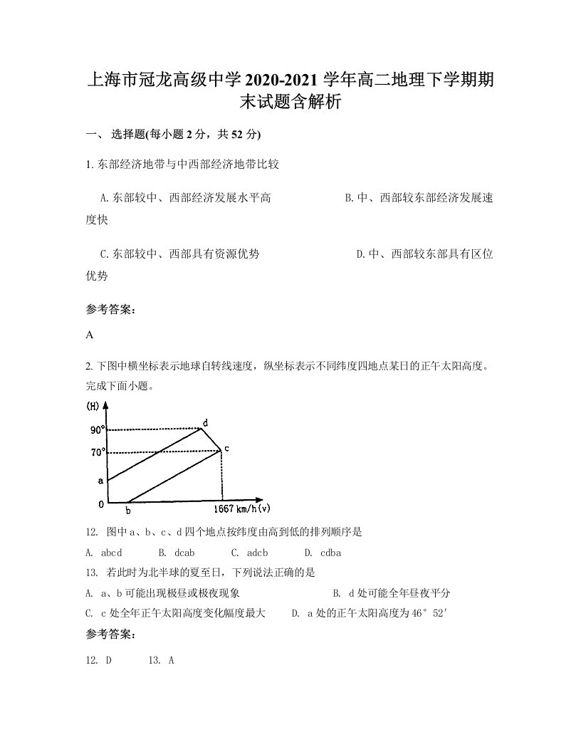 上海市冠龙高级中学2020-2021学年高二地理下学期期末试题含解析