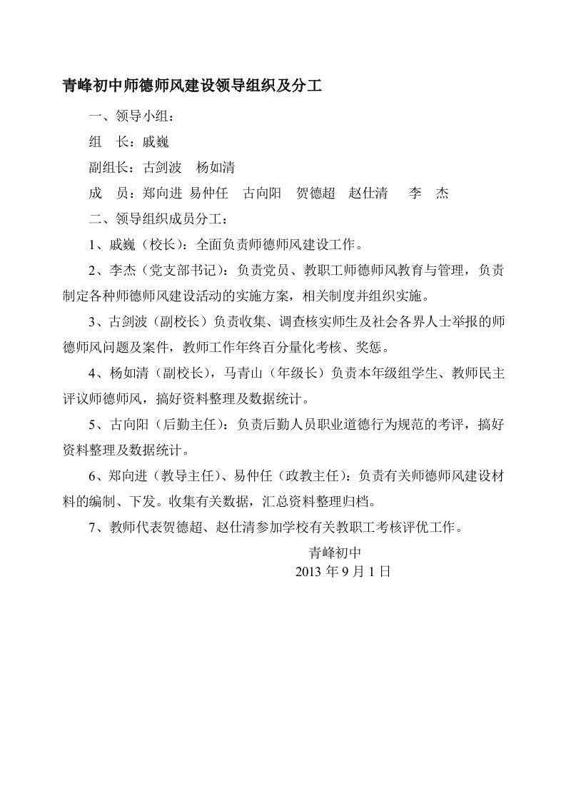 青峰初中师德师风建设领导组织及分工