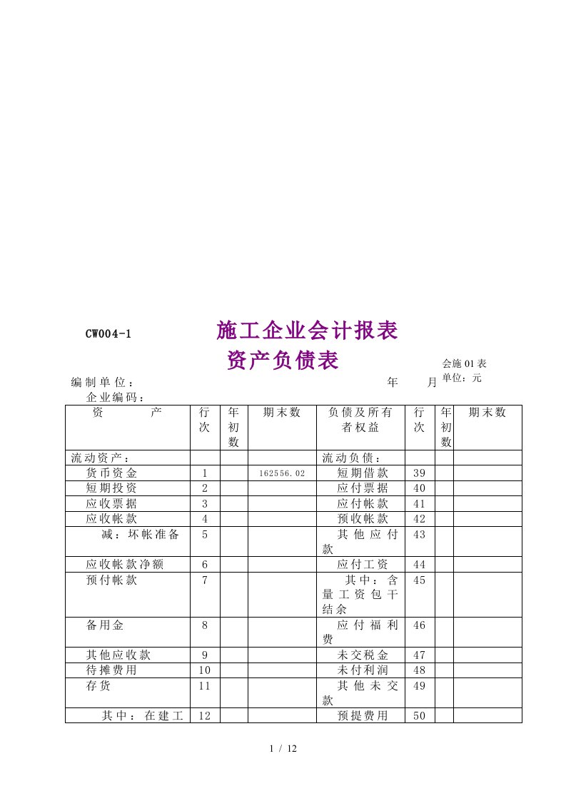 施工企业会计报表编制说明