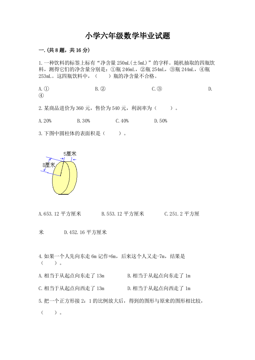 小学六年级数学毕业试题及答案（易错题）