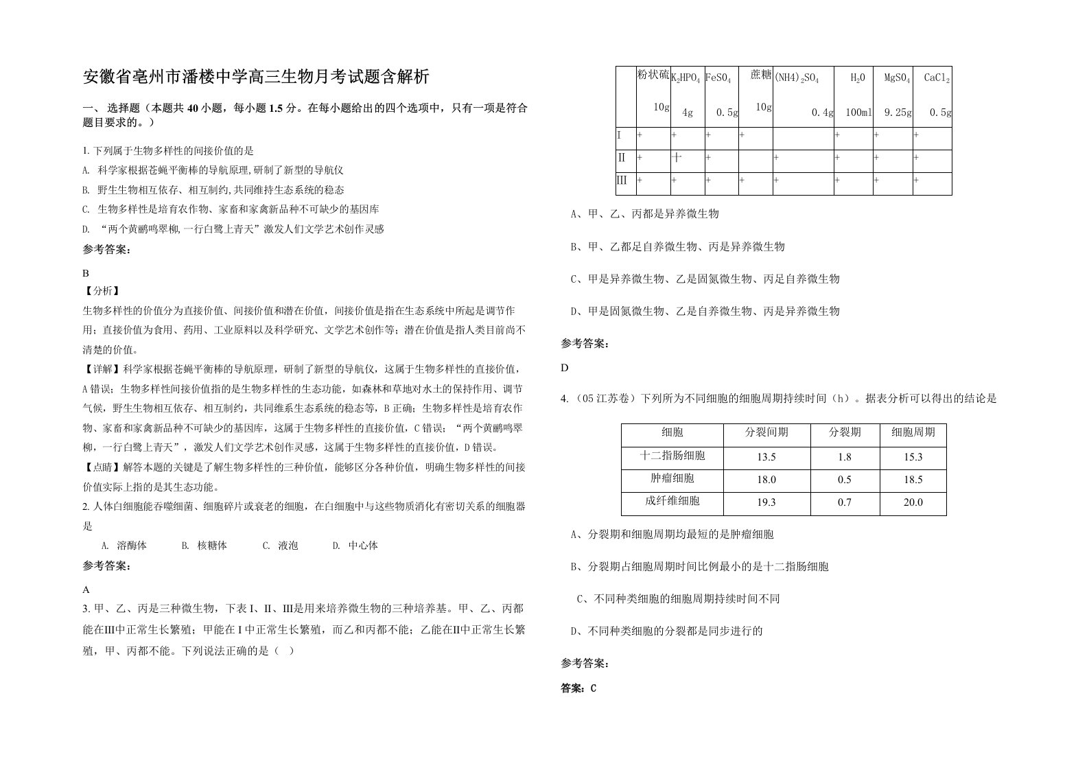 安徽省亳州市潘楼中学高三生物月考试题含解析