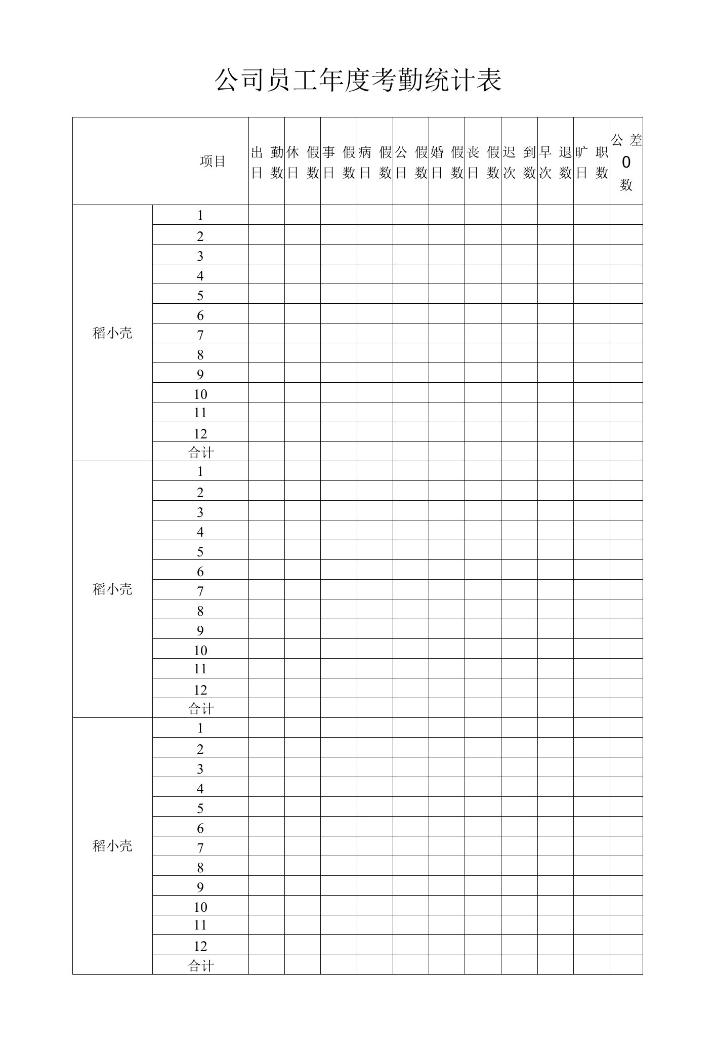 公司员工年度考勤统计表