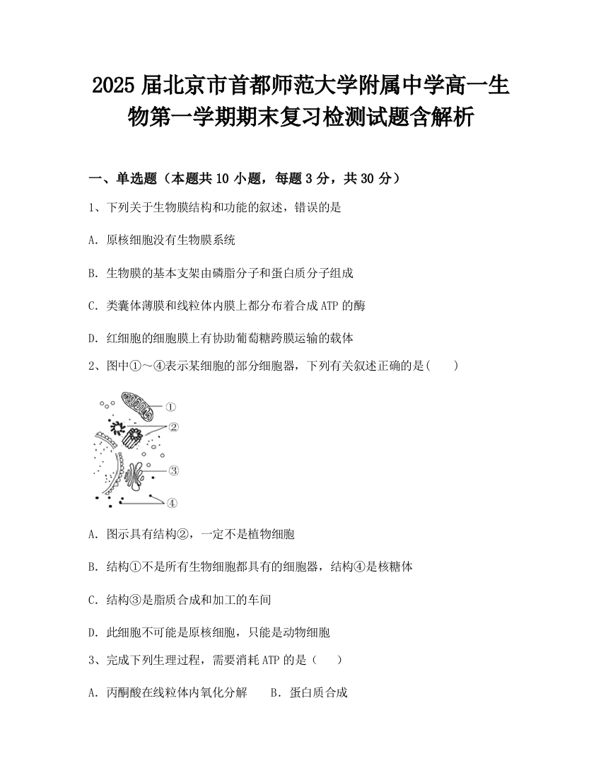 2025届北京市首都师范大学附属中学高一生物第一学期期末复习检测试题含解析