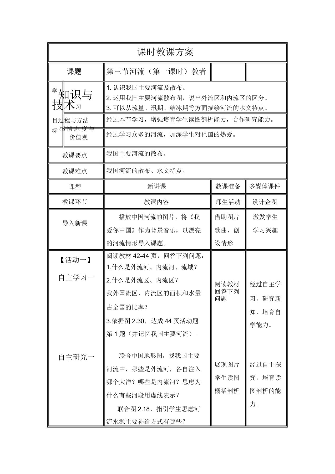 人教版8年级地理河流(第一课时)教案教学设计