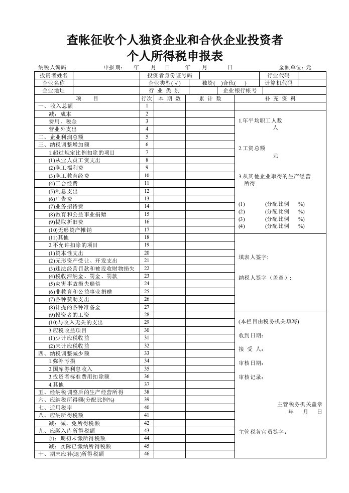 个人独资企业所得税年报