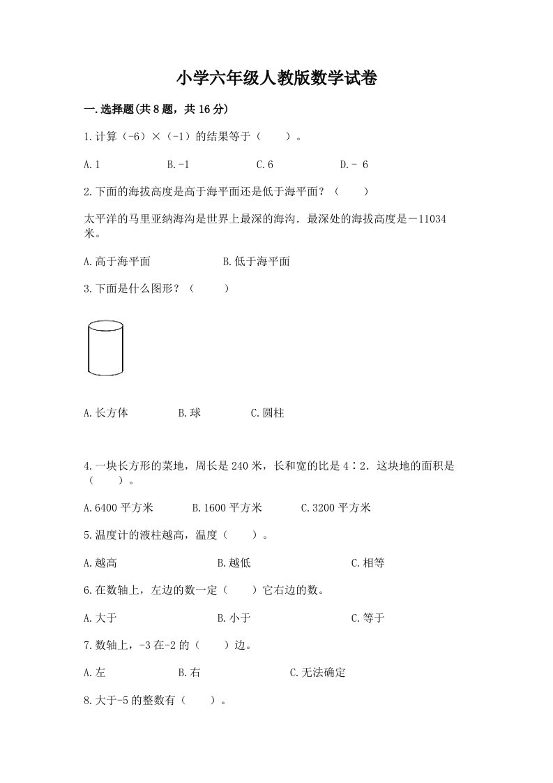 小学六年级人教版数学试卷及解析答案