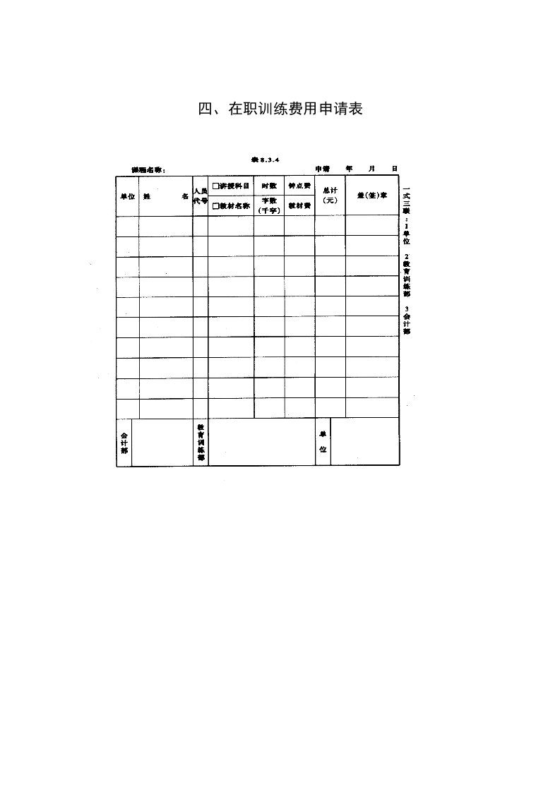 公司在职训练费用申请表