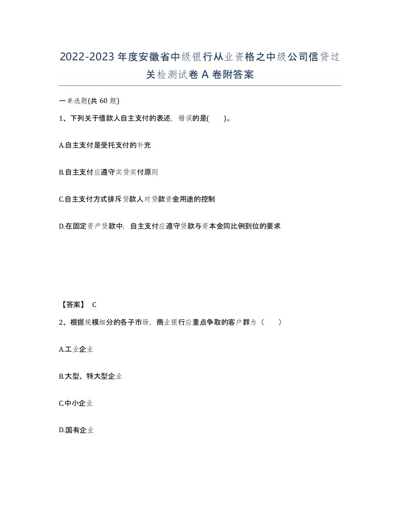 2022-2023年度安徽省中级银行从业资格之中级公司信贷过关检测试卷A卷附答案